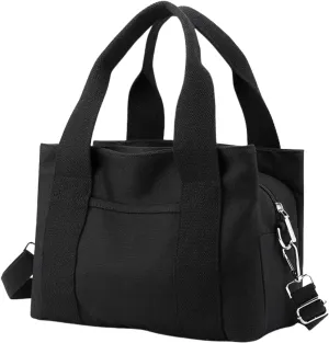 Small Tote Bag with Zipper Canvas Tote 2 Pockets and 3 Compartments Square Single Shoulder Corssbody Cute Handbag