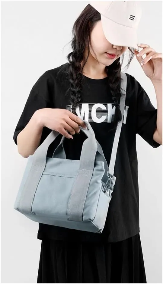 Small Tote Bag with Zipper Canvas Tote 2 Pockets and 3 Compartments Square Single Shoulder Corssbody Cute Handbag