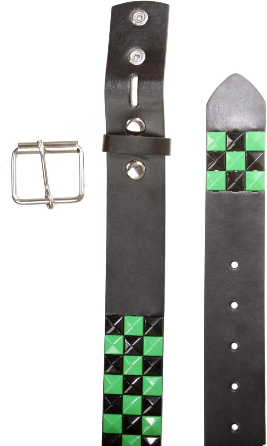 Snap On Punk Rock Black & Green Star Studded Checker Board Leather Belt