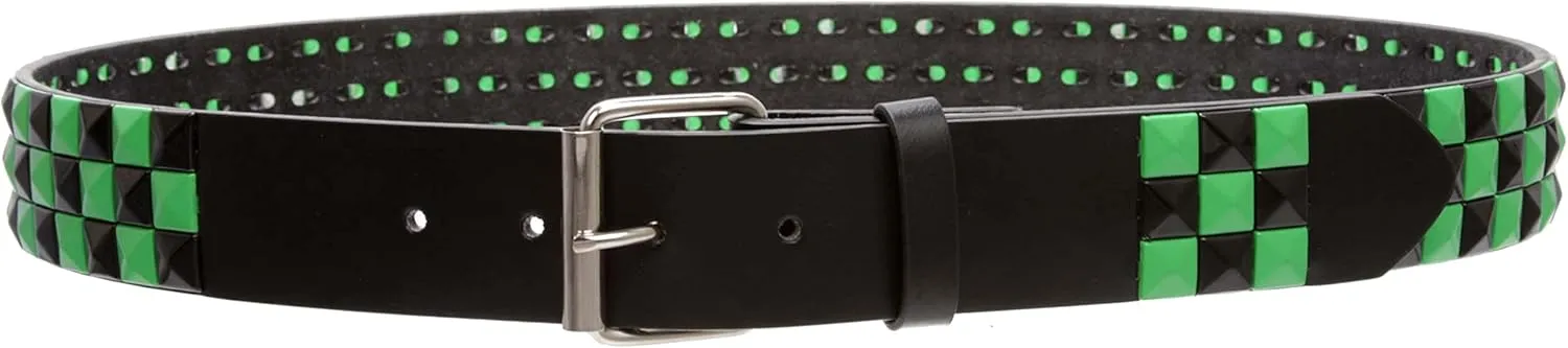 Snap On Punk Rock Black & Green Star Studded Checker Board Leather Belt