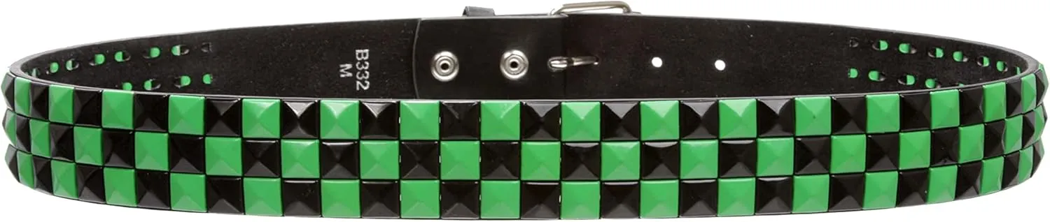 Snap On Punk Rock Black & Green Star Studded Checker Board Leather Belt