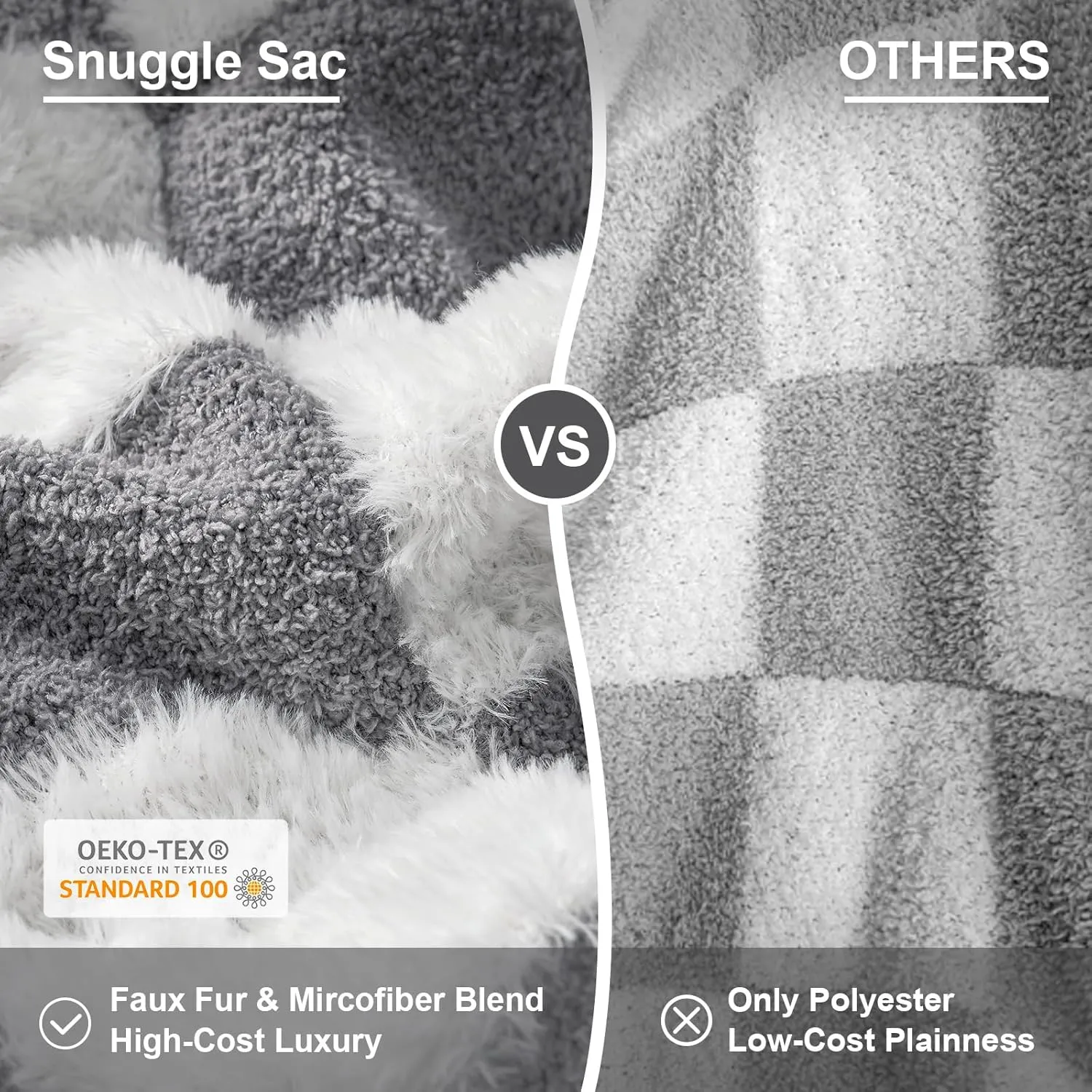Snuggle Sac Faux Fur Throw Blanket for Couch, Cozy Soft Warm Blankets for Sofa Bedroom Living Room,Grey Checker,50x60 inches