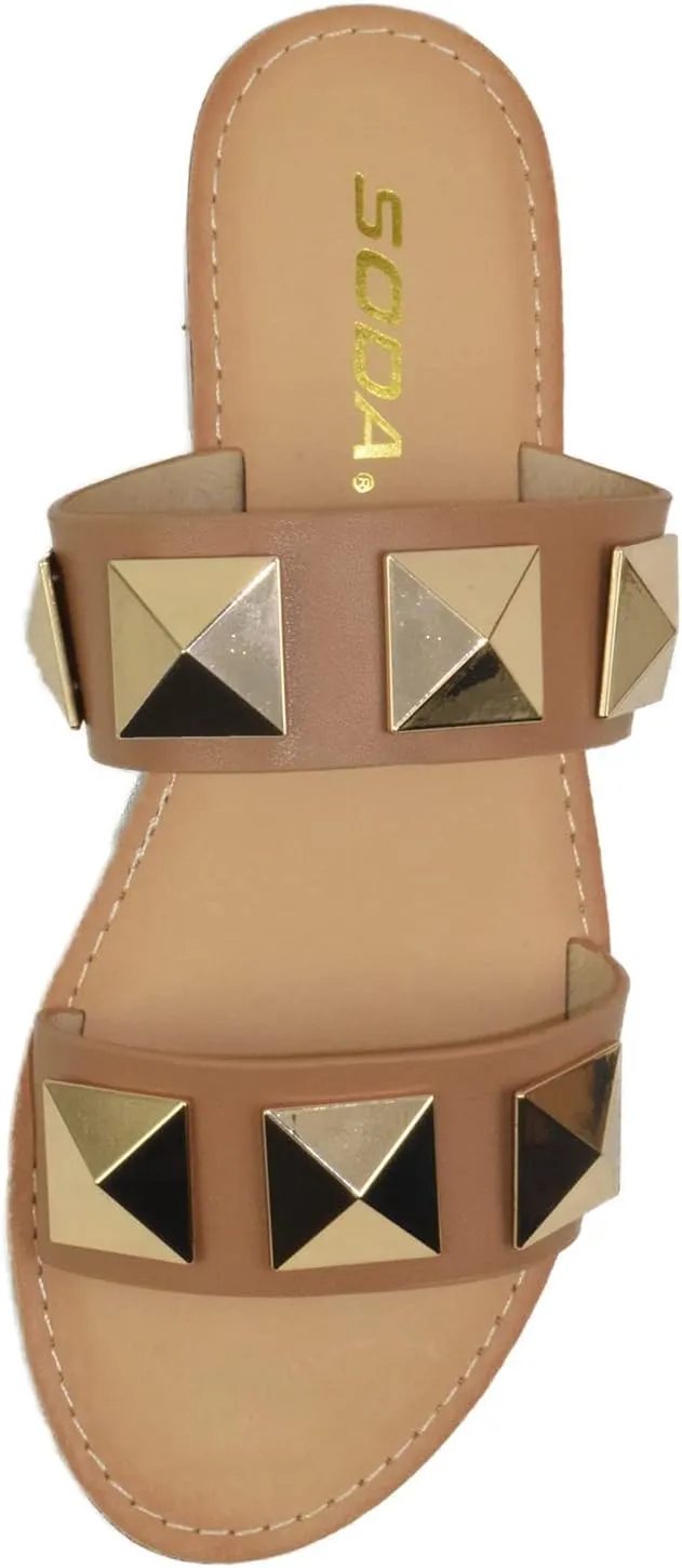 Soda Shoes Women's Sandals Double Strap Flip Flops Slides Large Gold Studded CETUS-S