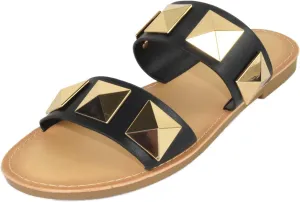 Soda Shoes Women's Sandals Double Strap Flip Flops Slides Large Gold Studded CETUS-S