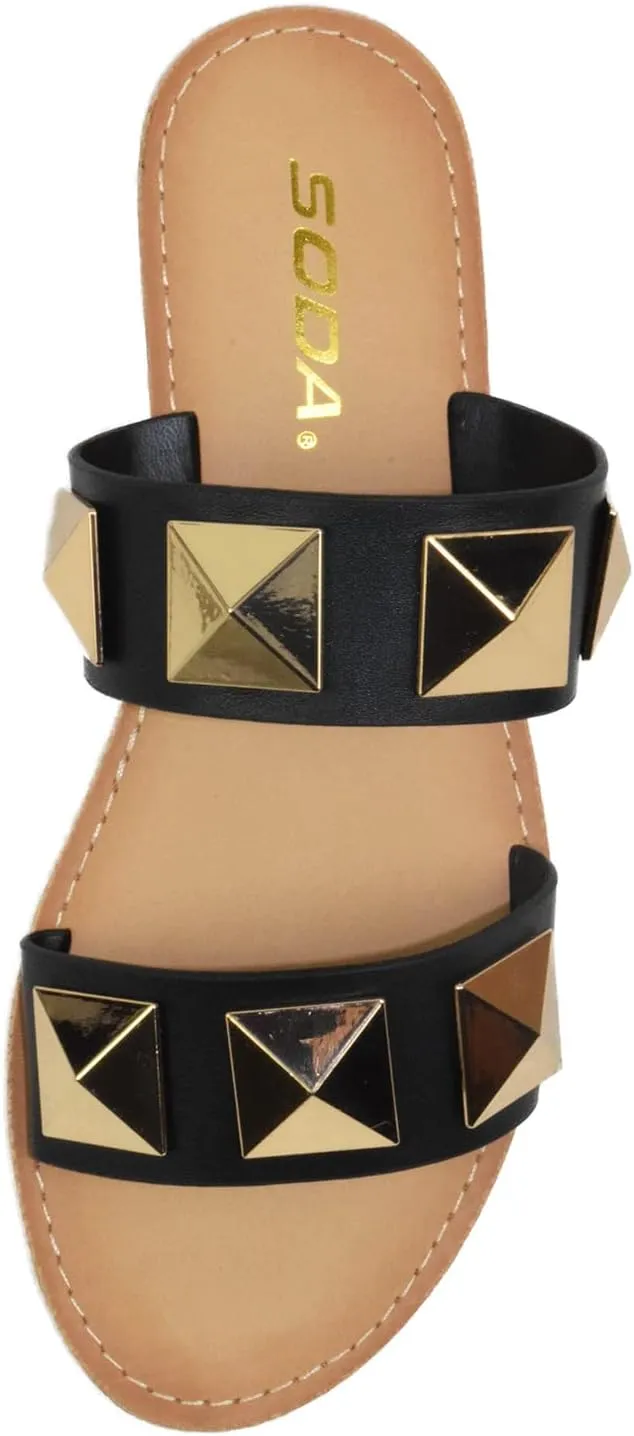 Soda Shoes Women's Sandals Double Strap Flip Flops Slides Large Gold Studded CETUS-S