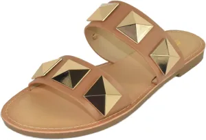 Soda Shoes Women's Sandals Double Strap Flip Flops Slides Large Gold Studded CETUS-S