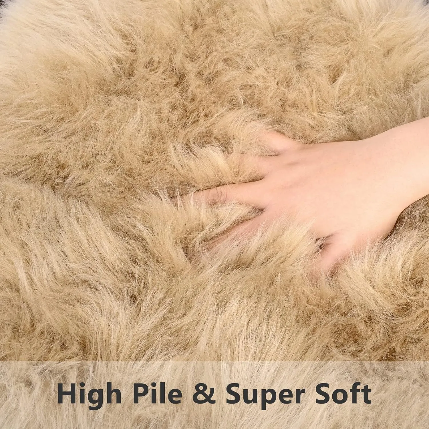 Softlife Camel Faux Fur Sheepskin Chair Cover 2 PCs Seat Cushion Pad Super Soft Area Rugs for Living Bedroom Sofa Dorm (1.6ft x 1.6ft)