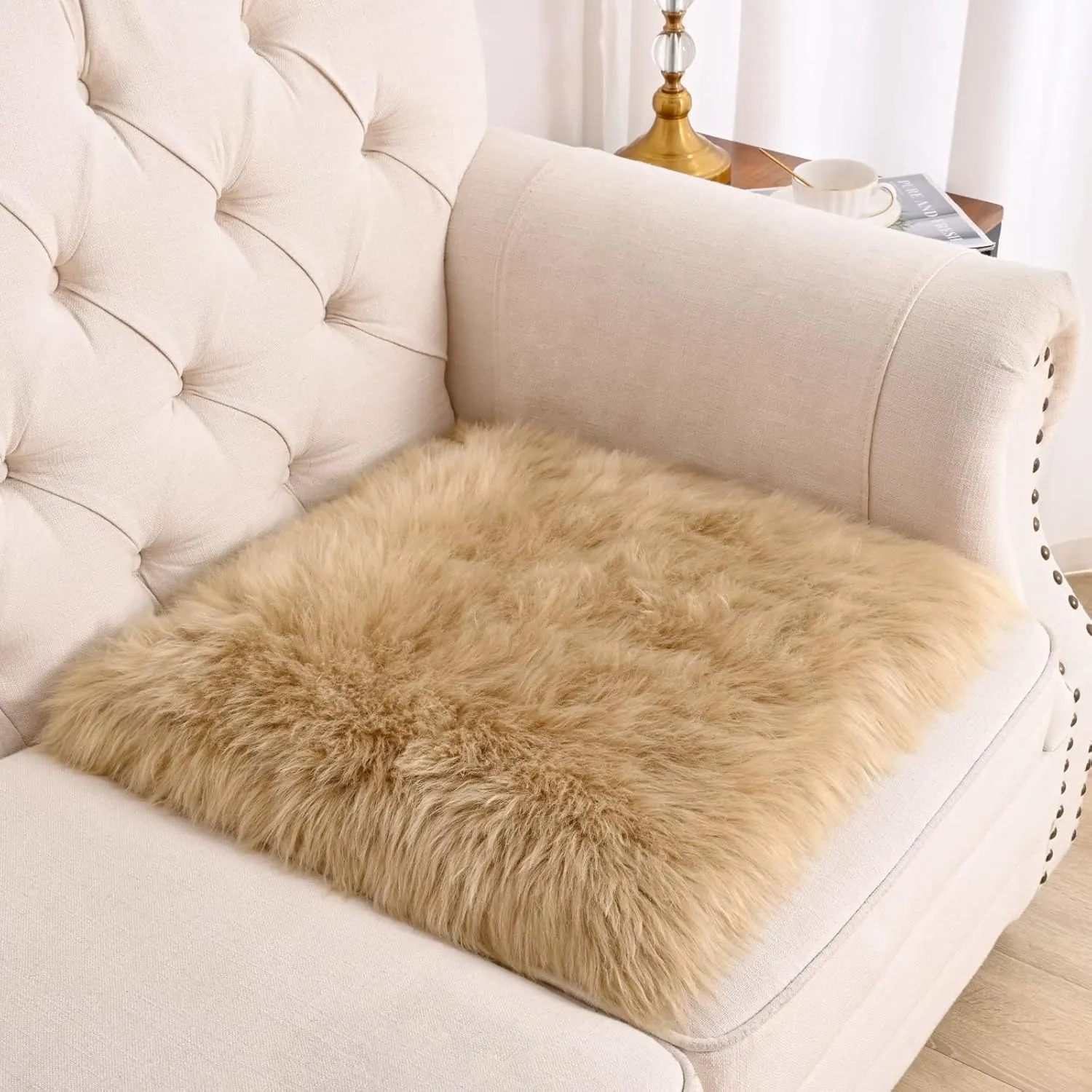 Softlife Camel Faux Fur Sheepskin Chair Cover 2 PCs Seat Cushion Pad Super Soft Area Rugs for Living Bedroom Sofa Dorm (1.6ft x 1.6ft)