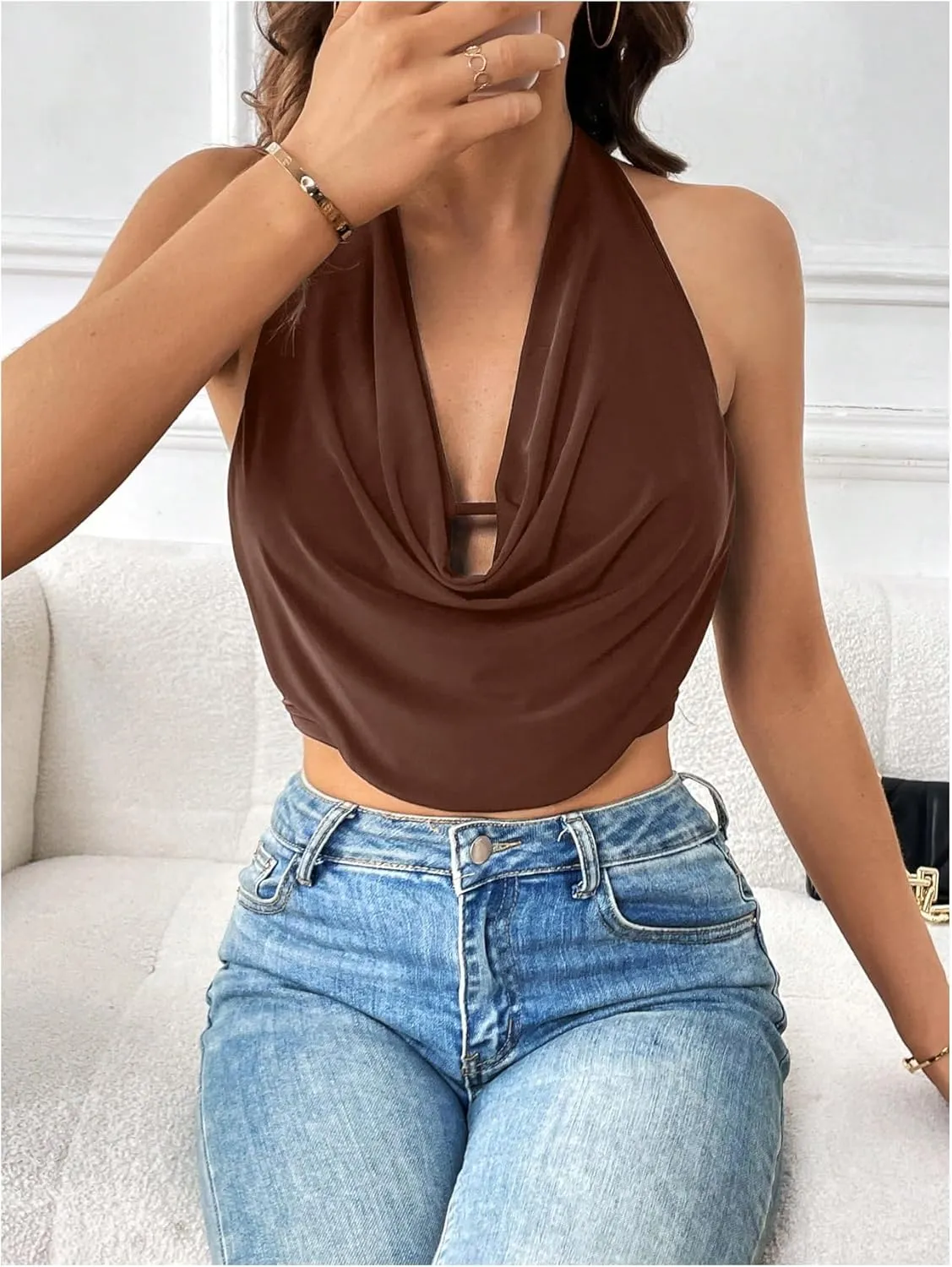 SOLY HUX Women's Halter Draped Front Tank Top Sexy Backless Going Out Crop Vest Tops