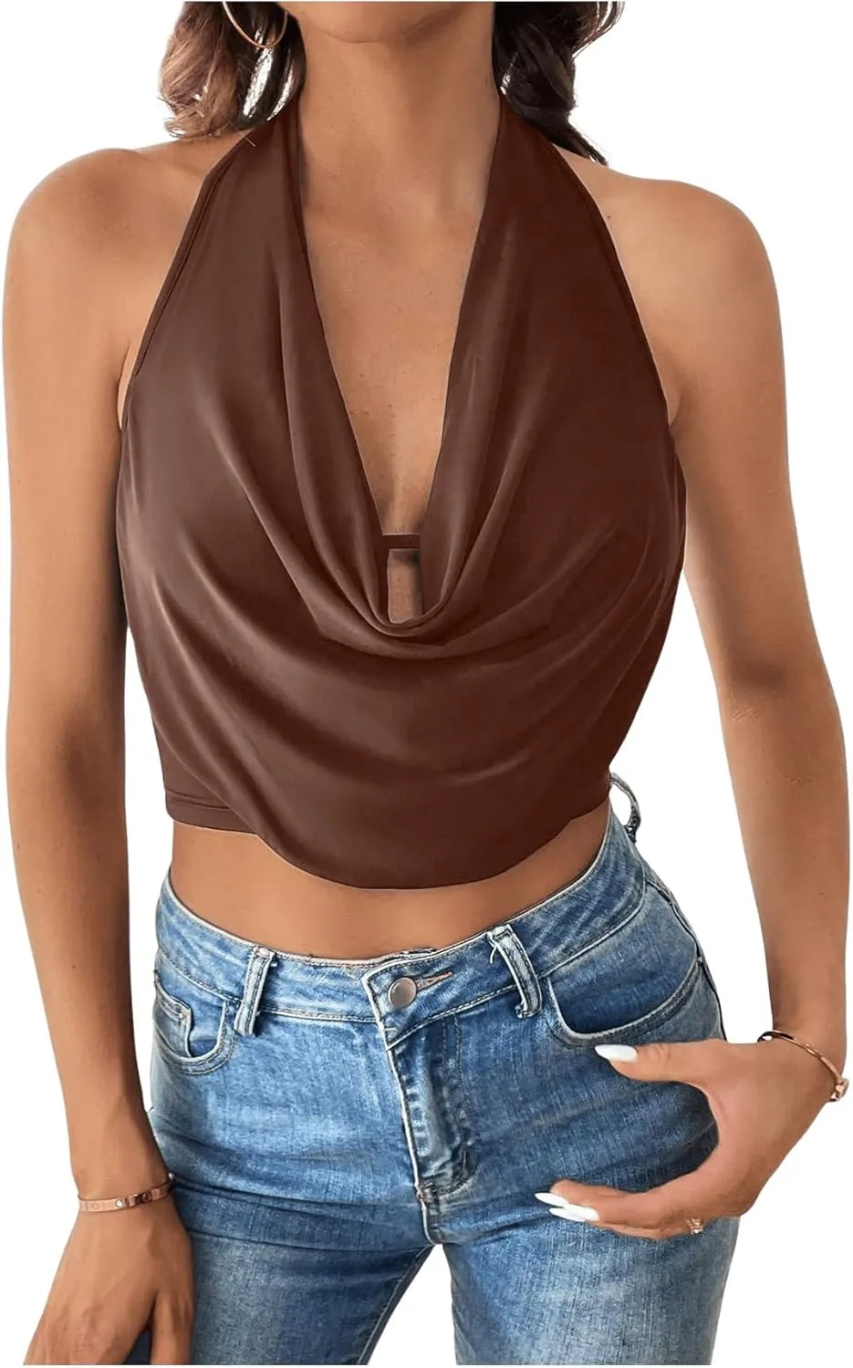 SOLY HUX Women's Halter Draped Front Tank Top Sexy Backless Going Out Crop Vest Tops