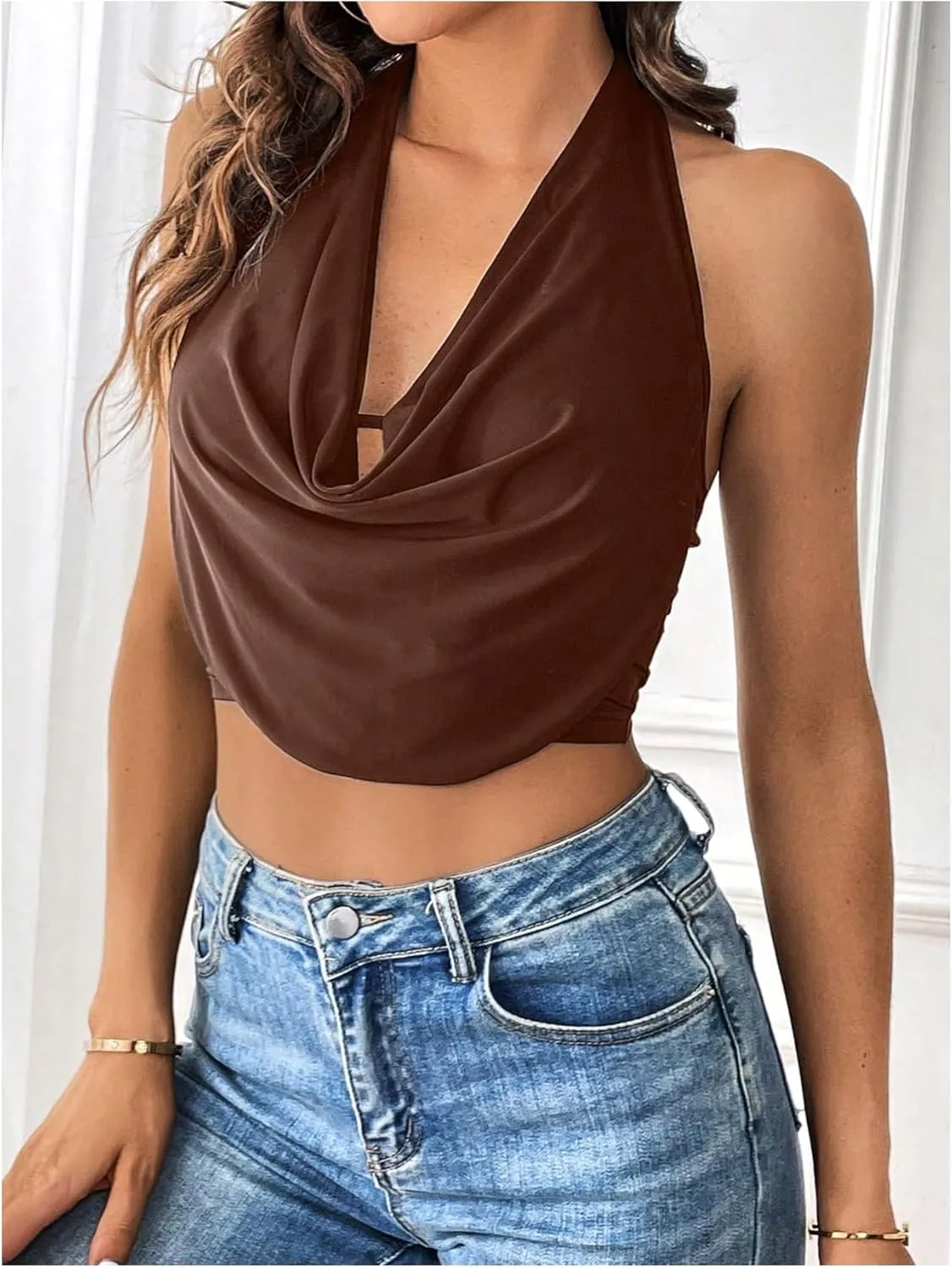 SOLY HUX Women's Halter Draped Front Tank Top Sexy Backless Going Out Crop Vest Tops