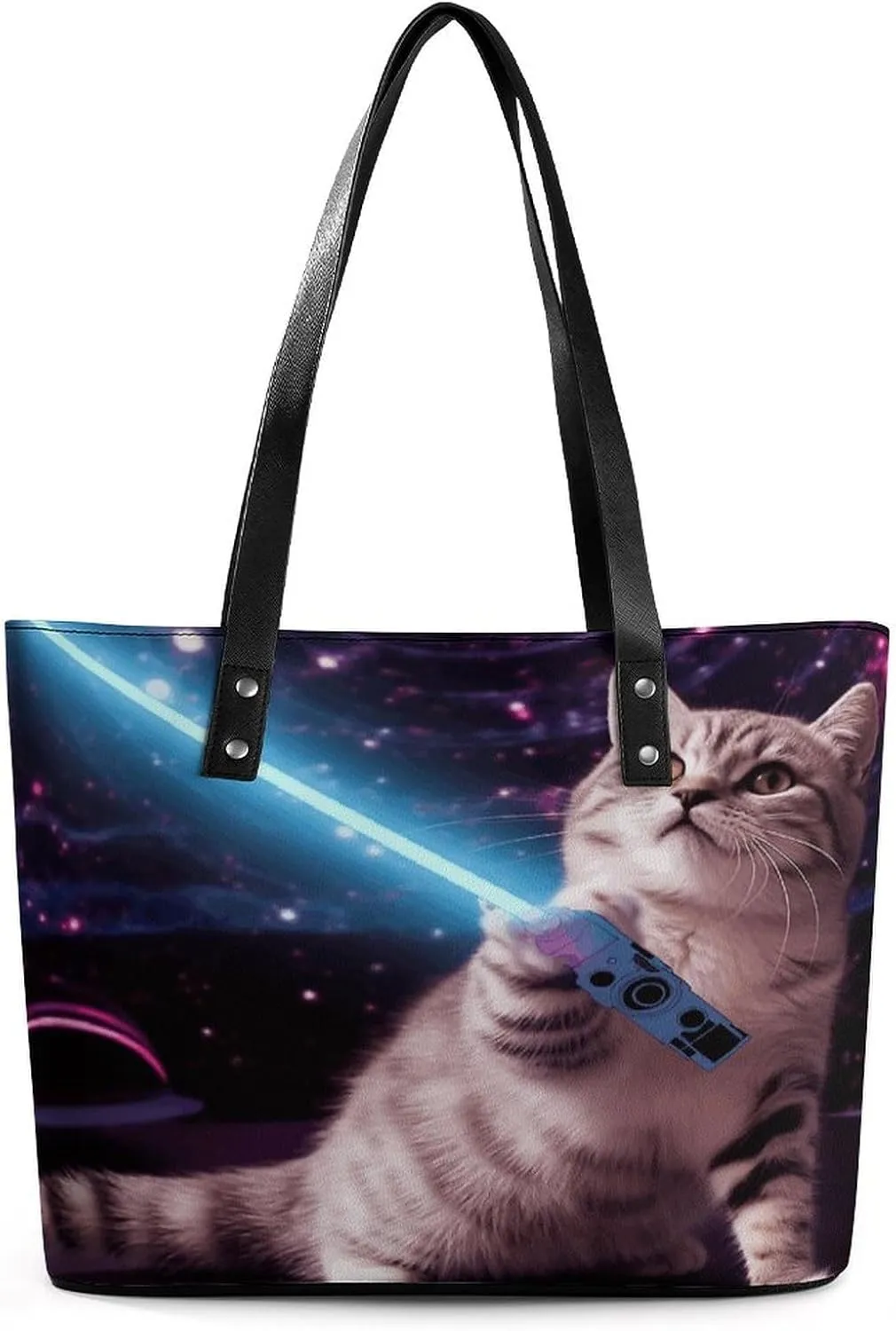 Space Laser Cat Novelty Cute Funny Leather Lady's Handbag Crossbody Purse for Women Ladies Soft Shoulder Bag Medium Roomy Handbag Fashion Tote Top Handle Satchel