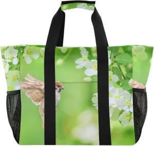 Sparrows and Apple-blossom Beach Tote Pool Bags for Women Ladies Large Waterproof Gym Tote Carry On Bag for Weekender Swim Gym Shopping Travel Daily Bag