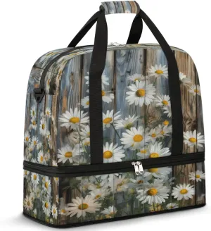 Sports Duffel Bag, Foldable Daisy Travel Duffel Bag, Gym Yoga Beach Bag Weekender Overnight Bag with Shoes Compartment for Men Women, Wood Grain