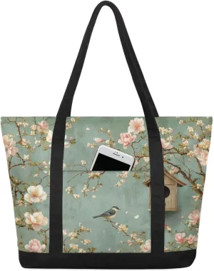 Spring House Birds Canvas Tote Bag Casual Shoulder Handbag Large Shopping Bags With 5 Pocket Carry On Weekender Backpack for Women Travel Work Gifts Duffle Grocery Compartment