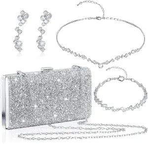 stablerice 4 Pieces Women Rhinestone Evening Clutch Bag Silver Clutch Purses Bag for Women Evening Rhinestone Jewelry Set