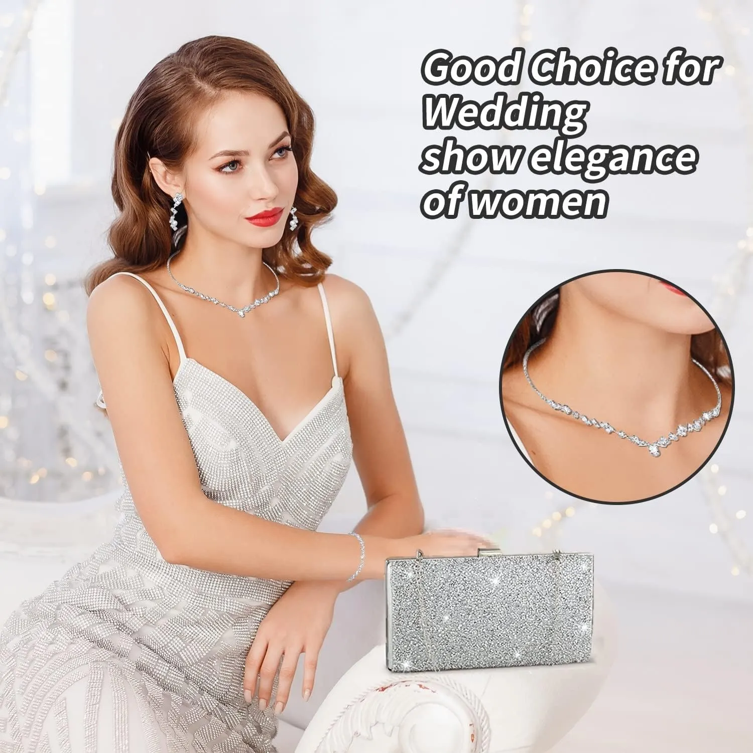 stablerice 4 Pieces Women Rhinestone Evening Clutch Bag Silver Clutch Purses Bag for Women Evening Rhinestone Jewelry Set