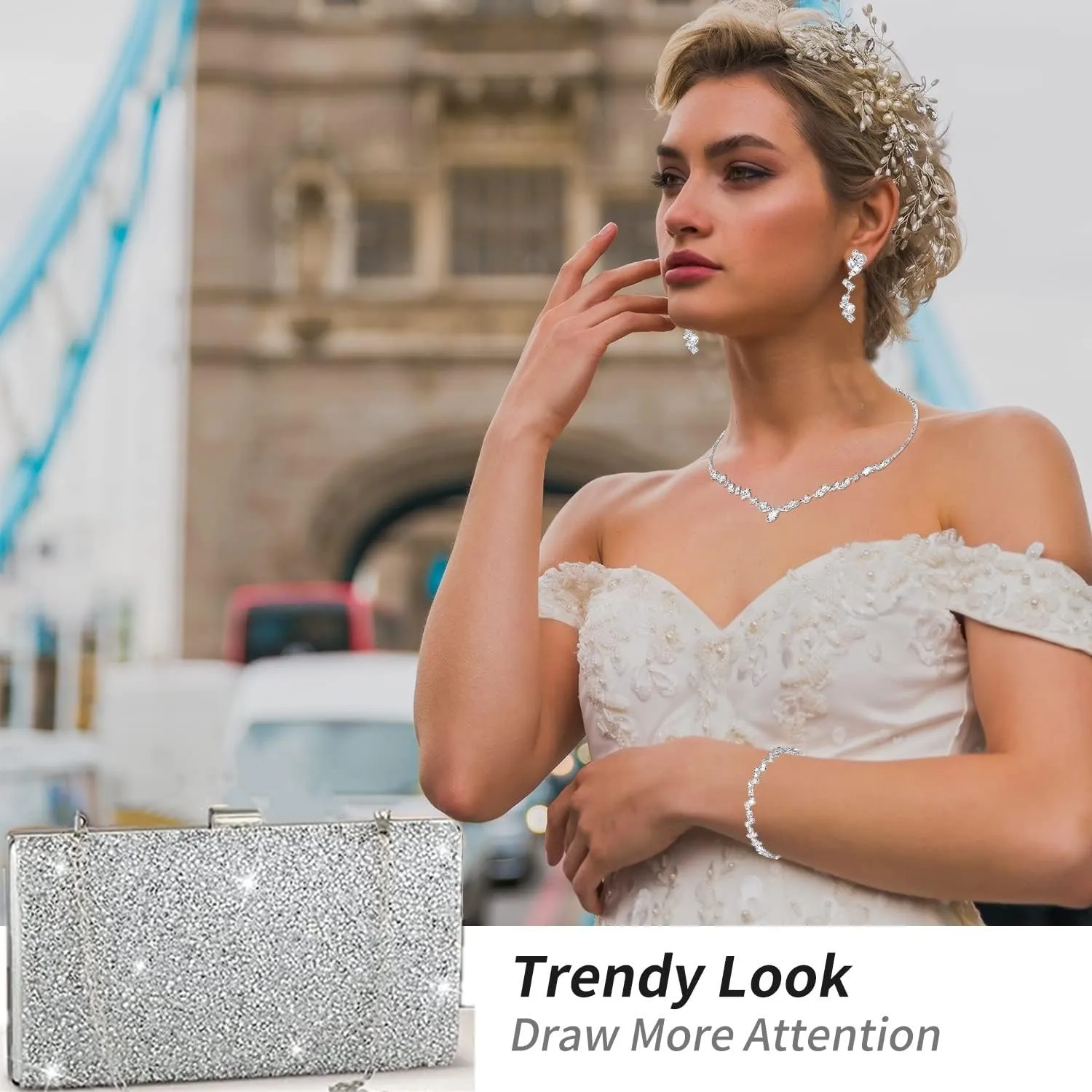 stablerice 4 Pieces Women Rhinestone Evening Clutch Bag Silver Clutch Purses Bag for Women Evening Rhinestone Jewelry Set