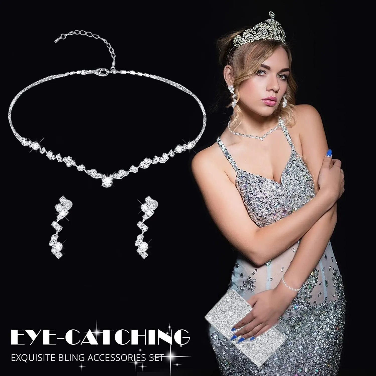 stablerice 4 Pieces Women Rhinestone Evening Clutch Bag Silver Clutch Purses Bag for Women Evening Rhinestone Jewelry Set