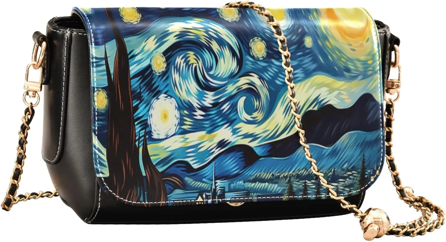 Starry Night with Sand and Moon Pu Leather Shoulder Bag for Women, Shoulder Bags for Women, Leather Shoulder Bags