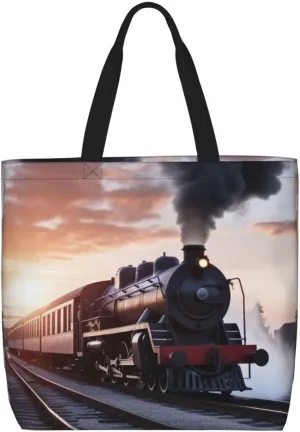 Steam Train Depart Sunset Tote Bag for Women Hobo Handbags with Zipper Large Shoulder Bag Shopping Bags Travel Purse