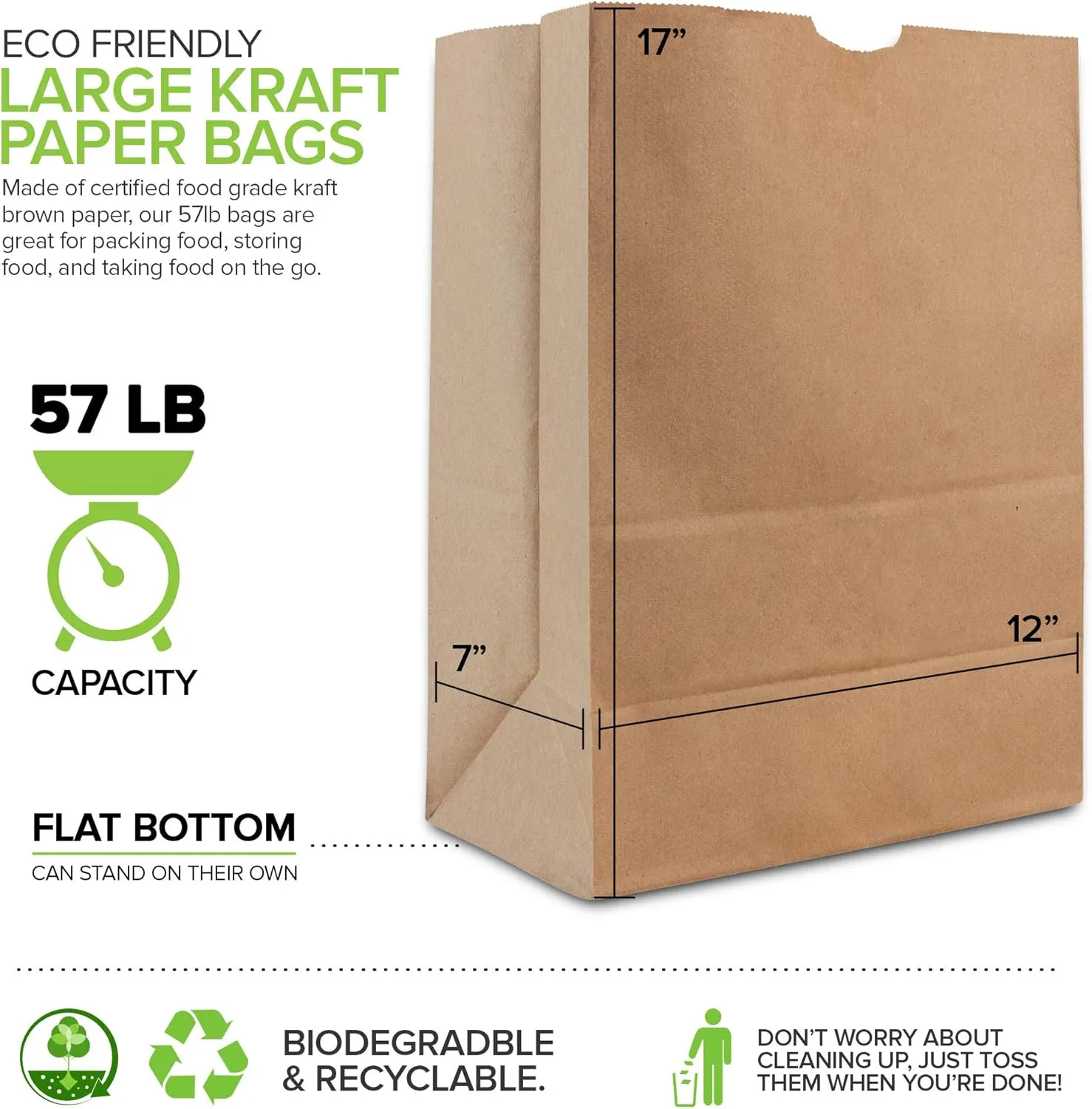Stock Your Home 57 Lb Kraft Paper Bag (100 Count) Heavy Duty, Large Brown Paper Grocery Bags for Food Shopping, Recycling, Trash, Bulk Pack Size