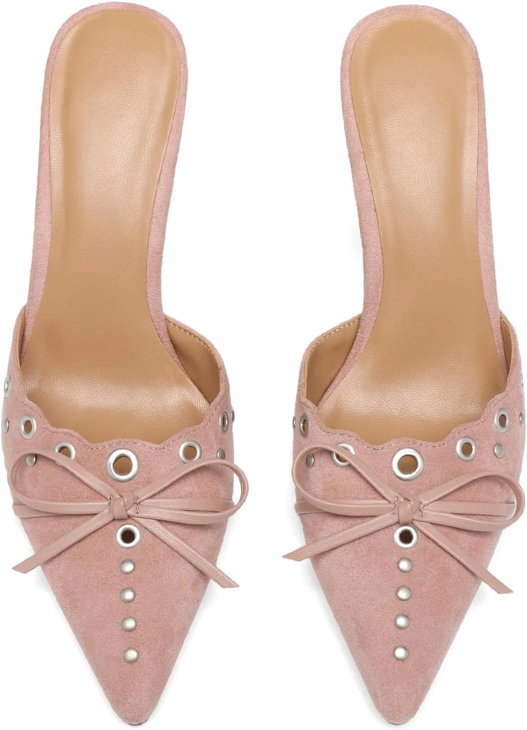 Studded Heeled Mules for Women Suede Slip On Bow Tie Pumps Shoes Backless Stiletto Heels Pointed Toe Dress Slide Sandals