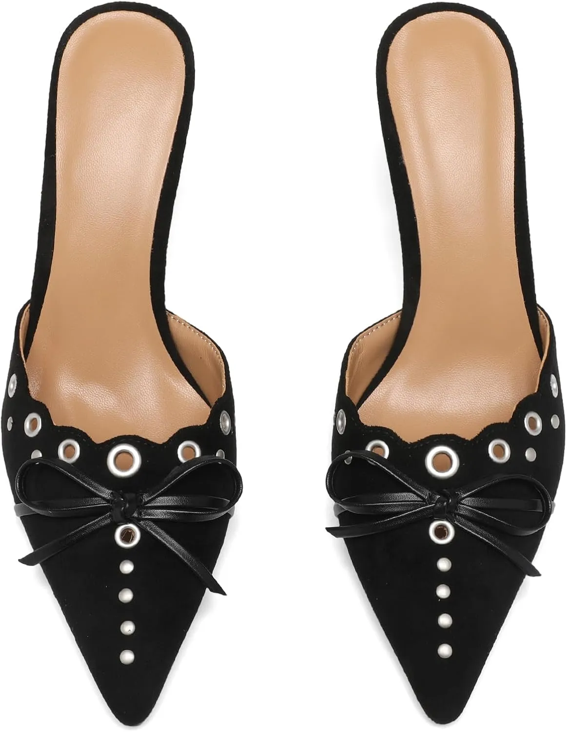 Studded Heeled Mules for Women Suede Slip On Bow Tie Pumps Shoes Backless Stiletto Heels Pointed Toe Dress Slide Sandals