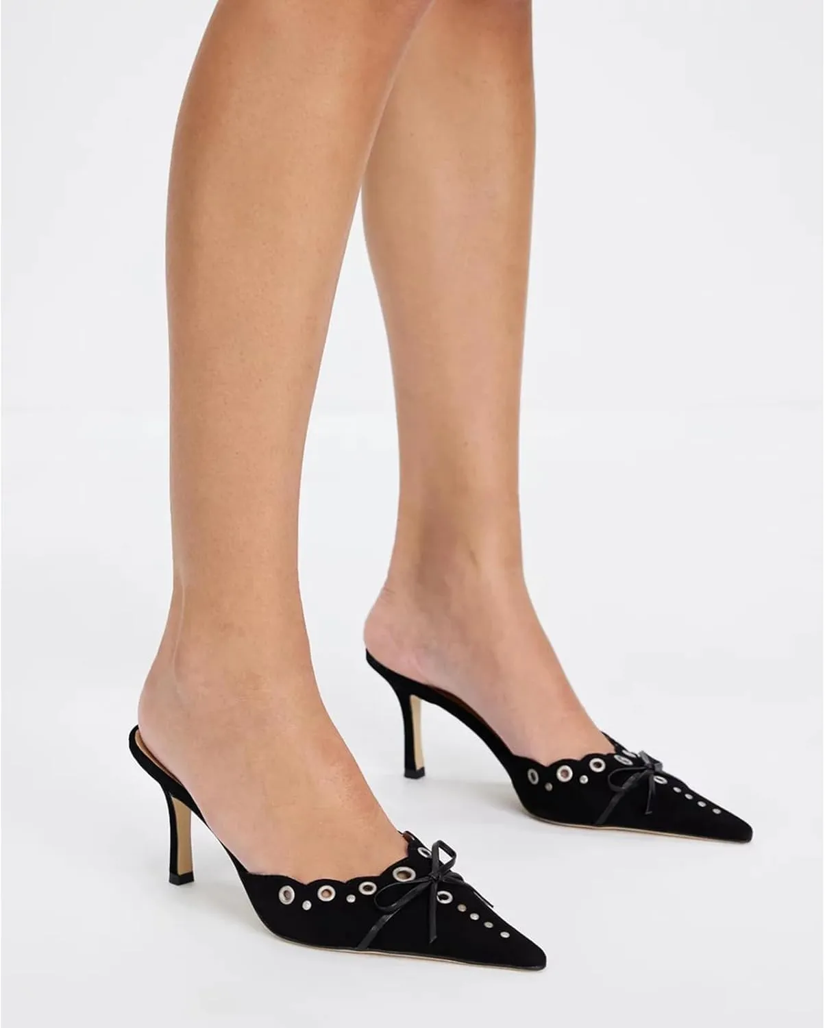 Studded Heeled Mules for Women Suede Slip On Bow Tie Pumps Shoes Backless Stiletto Heels Pointed Toe Dress Slide Sandals