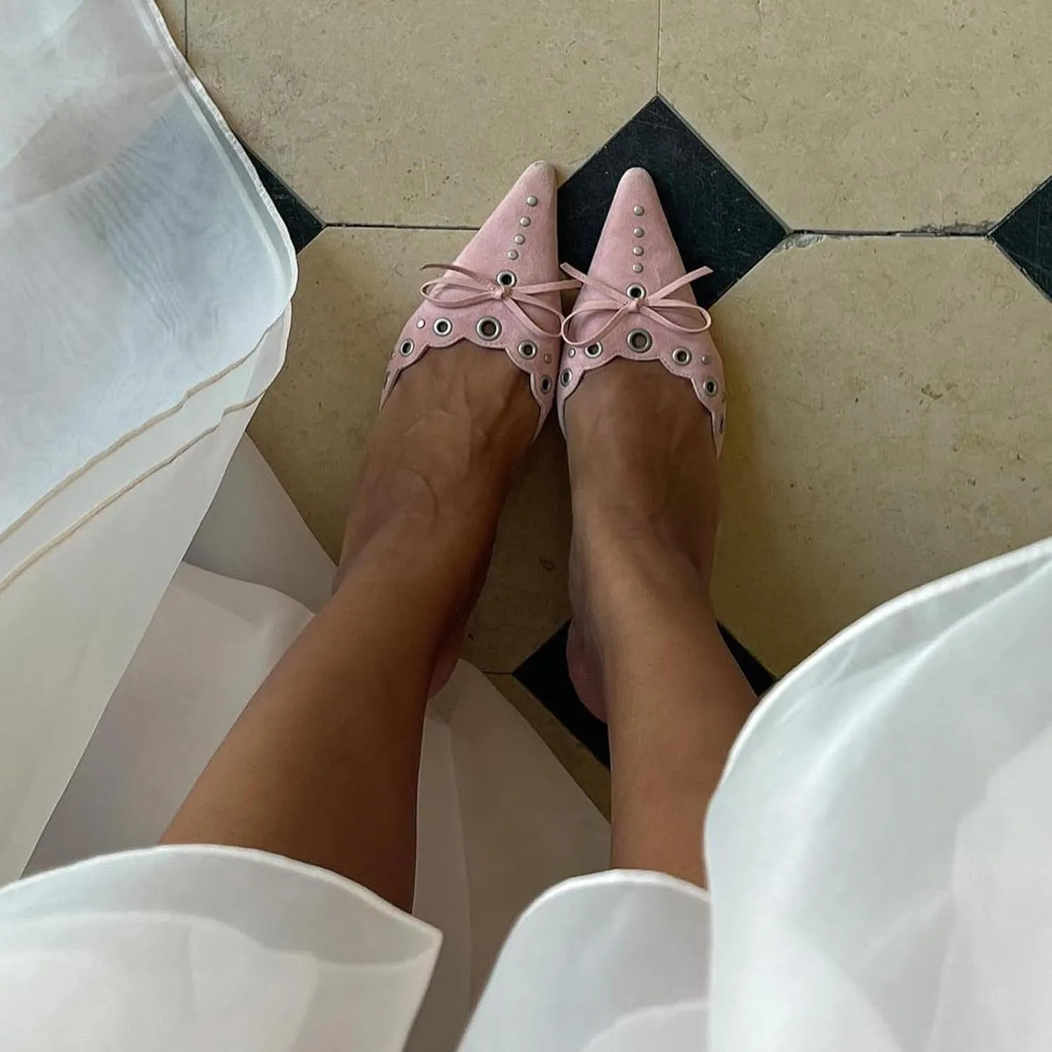 Studded Heeled Mules for Women Suede Slip On Bow Tie Pumps Shoes Backless Stiletto Heels Pointed Toe Dress Slide Sandals
