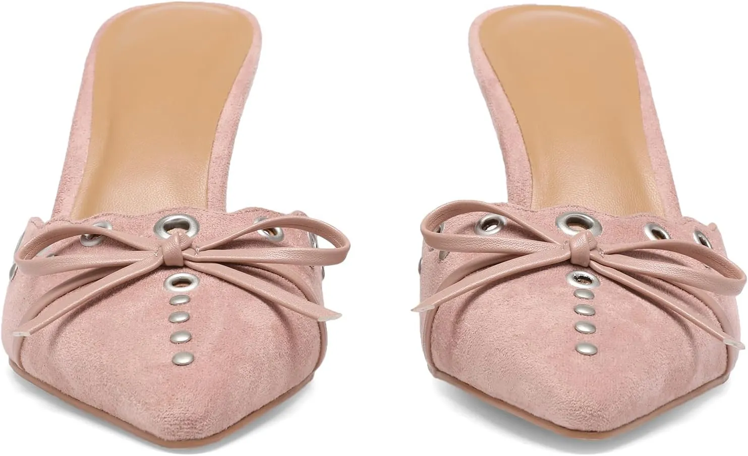 Studded Heeled Mules for Women Suede Slip On Bow Tie Pumps Shoes Backless Stiletto Heels Pointed Toe Dress Slide Sandals