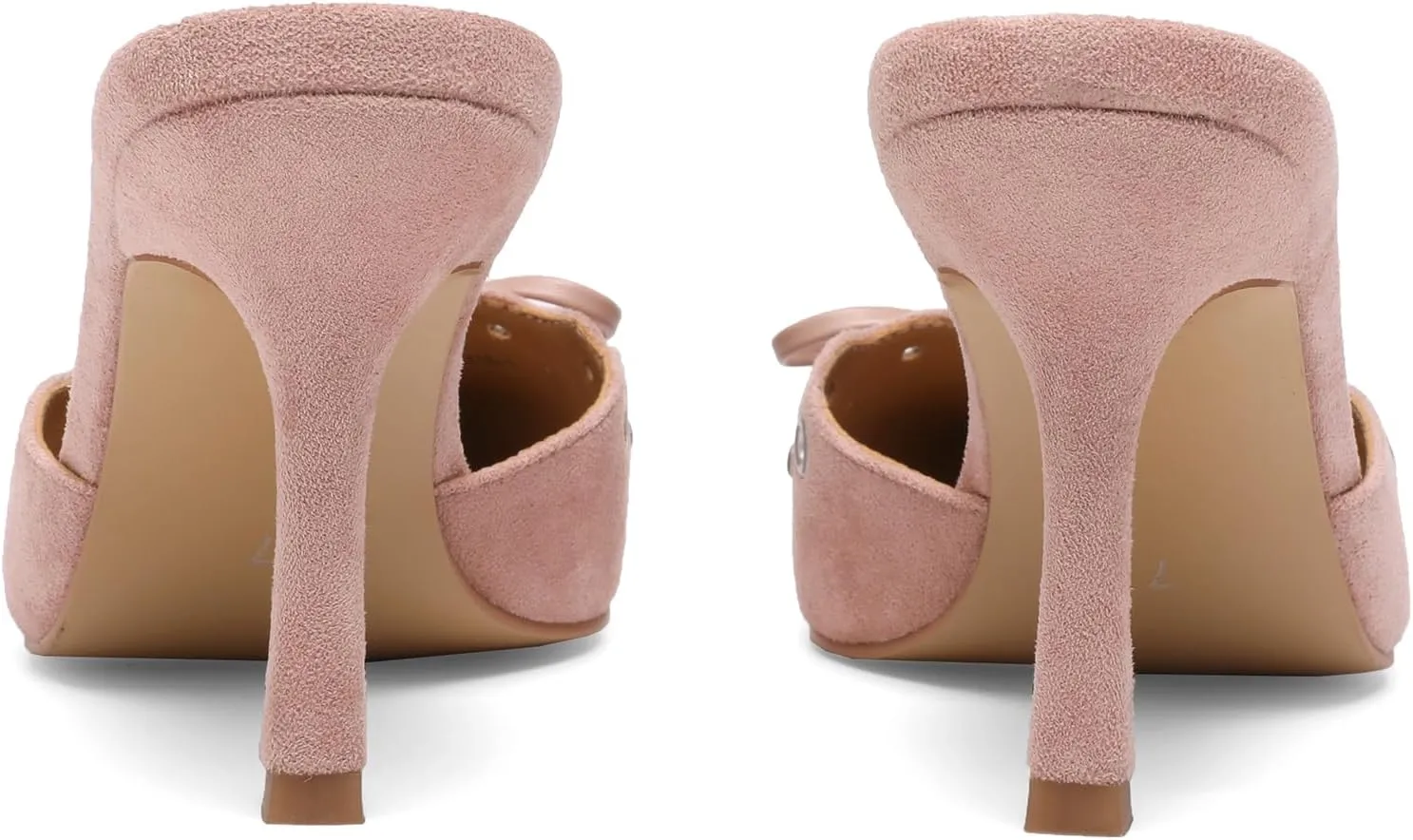 Studded Heeled Mules for Women Suede Slip On Bow Tie Pumps Shoes Backless Stiletto Heels Pointed Toe Dress Slide Sandals