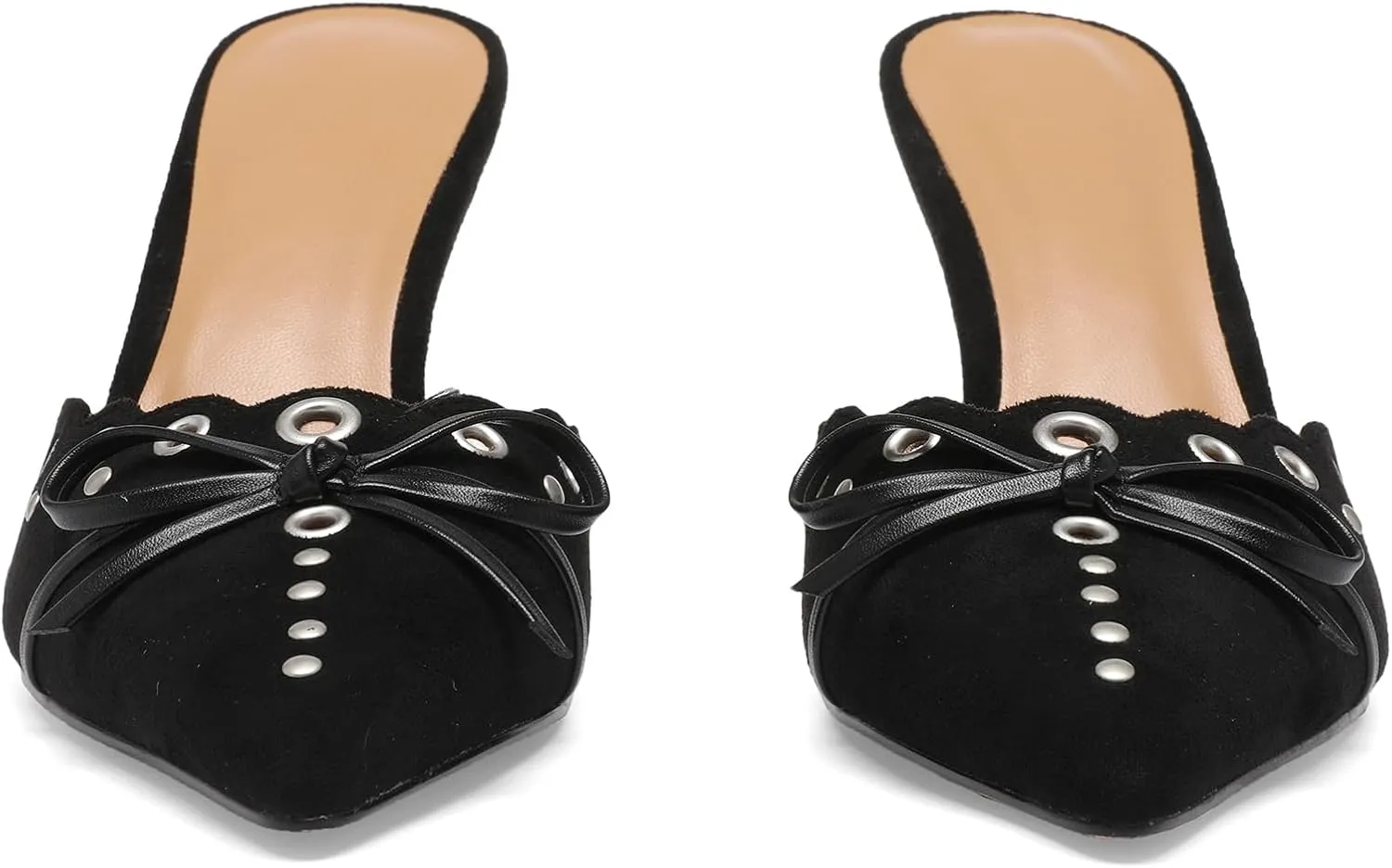 Studded Heeled Mules for Women Suede Slip On Bow Tie Pumps Shoes Backless Stiletto Heels Pointed Toe Dress Slide Sandals