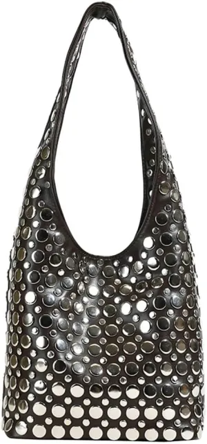 Studded Shoulder Bag Women PU Leather Y2k 90s Punk Tote Bags Streetwear Underarm Purse Top-handle Hobo Shoulder Handbag