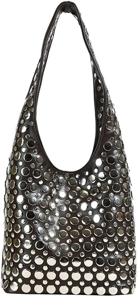 Studded Shoulder Bag Women PU Leather Y2k 90s Punk Tote Bags Streetwear Underarm Purse Top-handle Hobo Shoulder Handbag