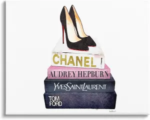 Stupell Industries Glam Fashion Book Set Black Pump Heels Oversized Stretched Canvas Wall Art, Proudly Made in USA