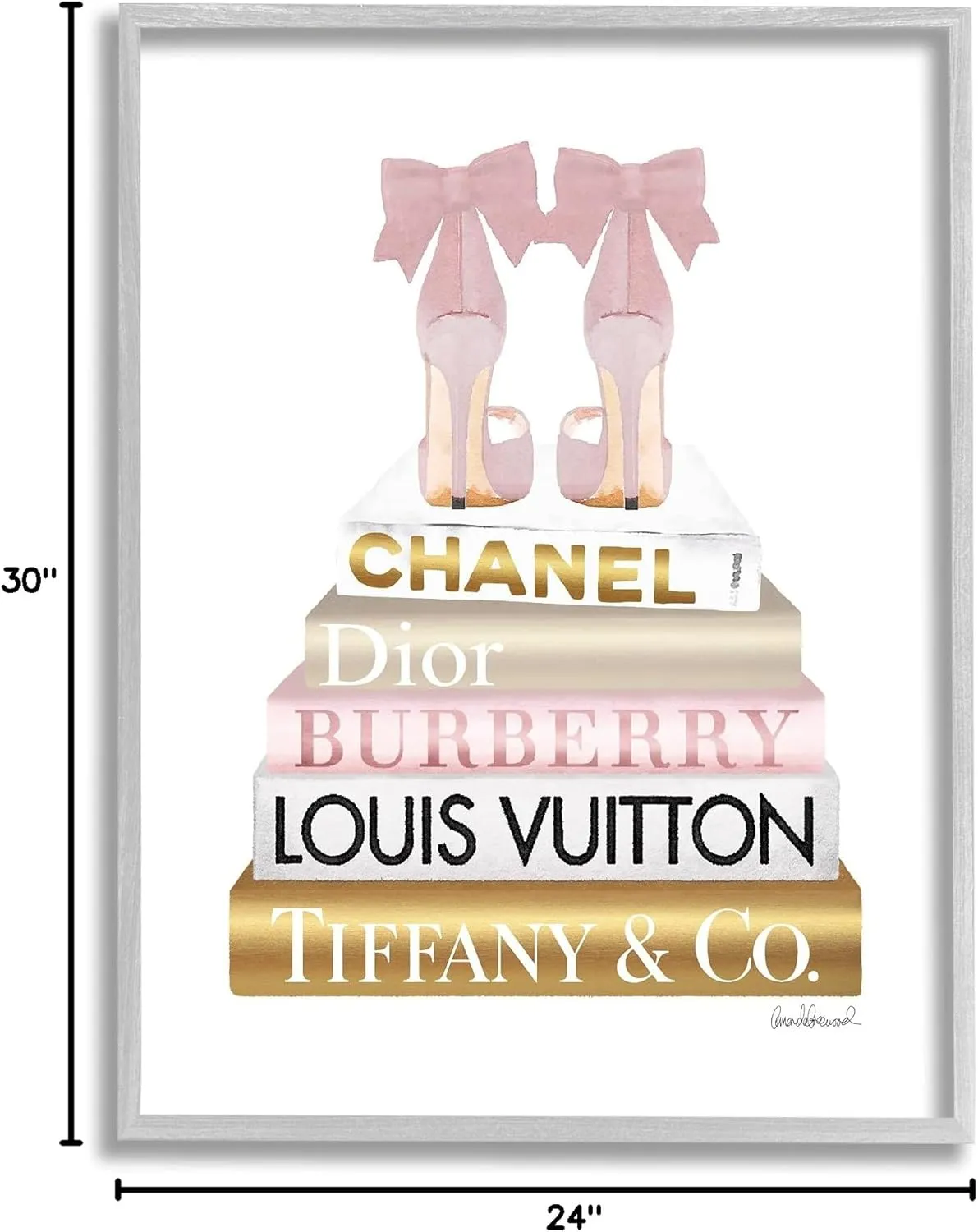Stupell Industries Pink Gold Heels Bookstack Glam Fashion Design, Designed by Amanda Greenwood Wall Art, 24 x 30, Grey Framed