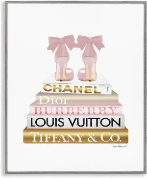 Stupell Industries Pink Gold Heels Bookstack Glam Fashion Design, Designed by Amanda Greenwood Wall Art, 24 x 30, Grey Framed
