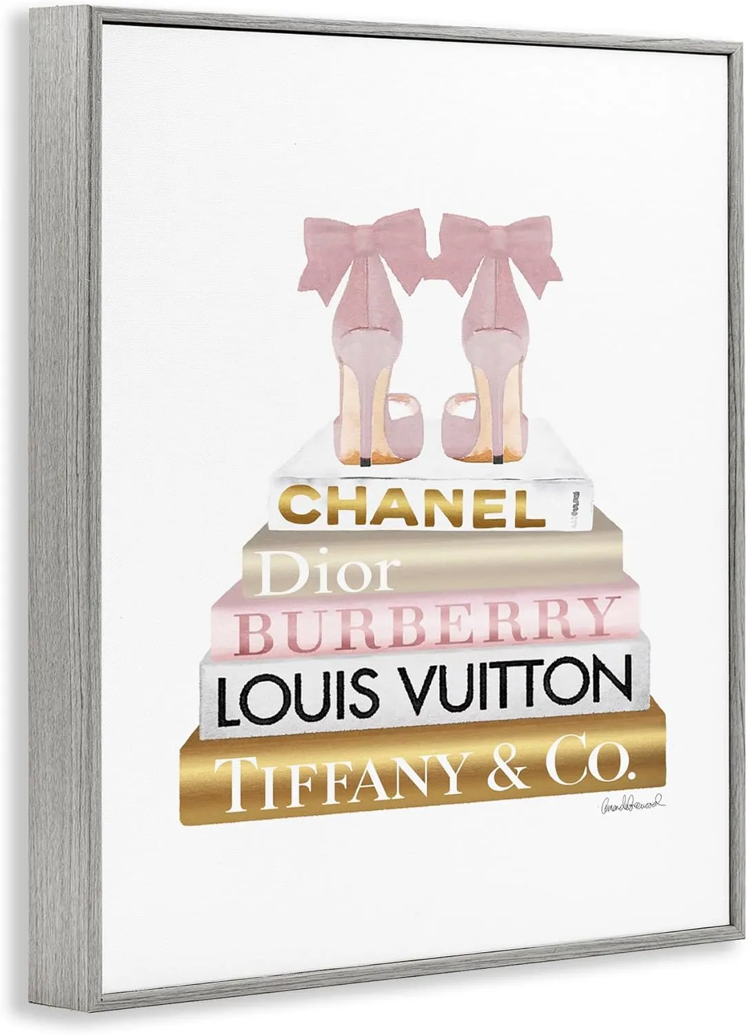 Stupell Industries Pink Gold Heels Bookstack Glam Fashion Design, Designed by Amanda Greenwood Wall Art, 24 x 30, Grey Framed