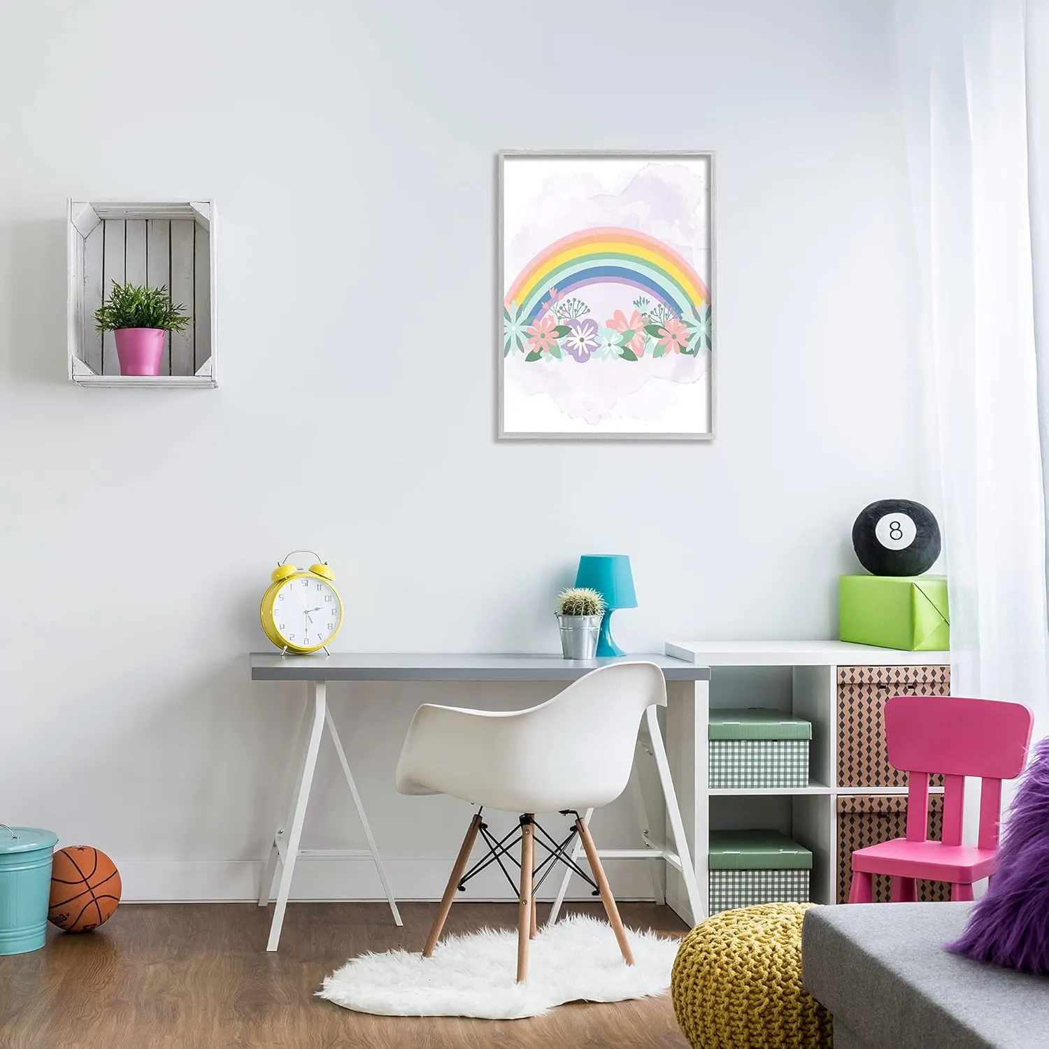 Stupell Industries Tropical Florals Under Playful Rainbow Kids' Illustration, Designed by Kim Allen Gray Framed Wall Art, 24 x 30, White