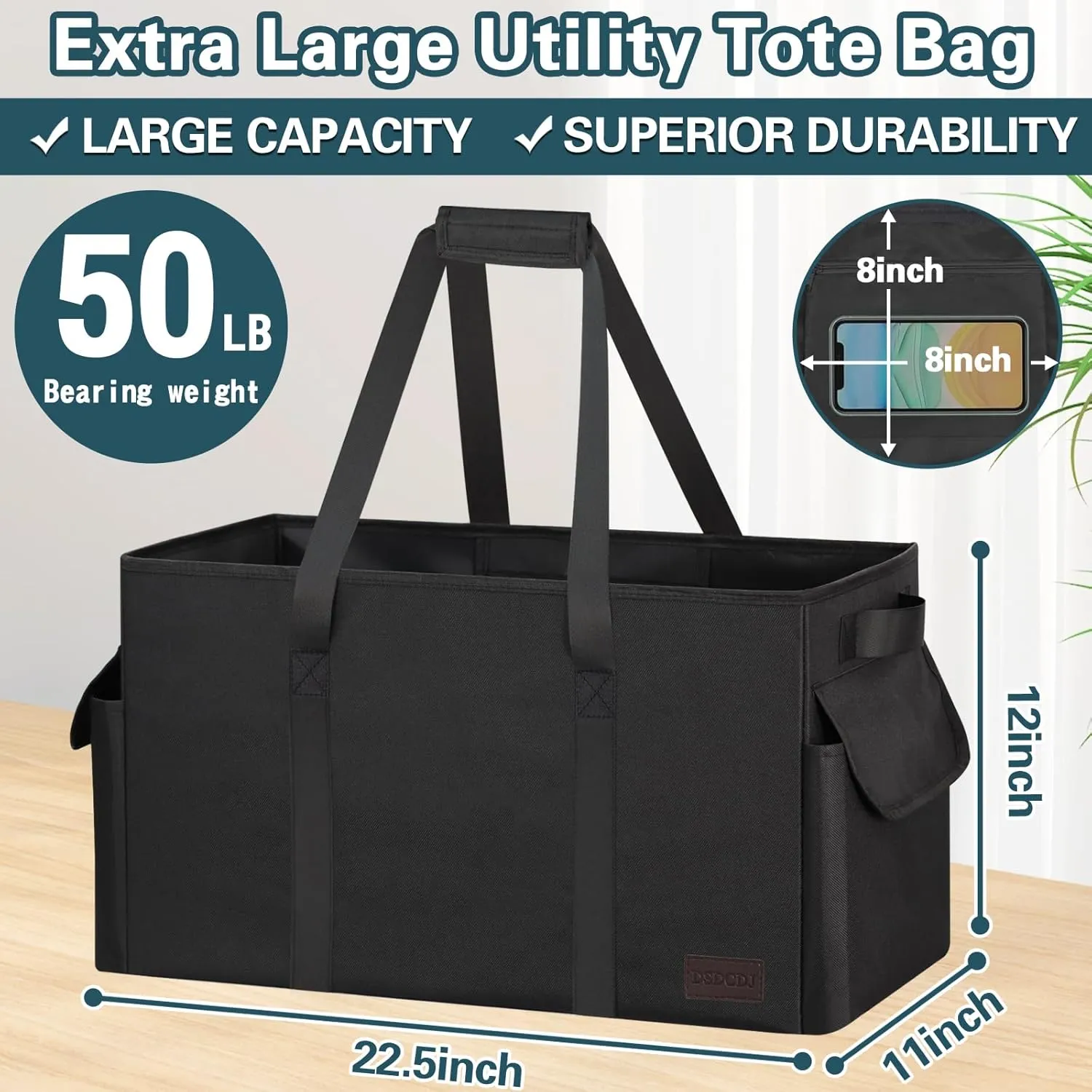 Sturdy Extra Large Utility Tote Bag with Hard Bottom and All Sides Rinforced, Collapsible Oversized Tote Bag with Handles for Grocery, Beach, Picnics, Camping, Laundry, Car (Black, 1 Pack)