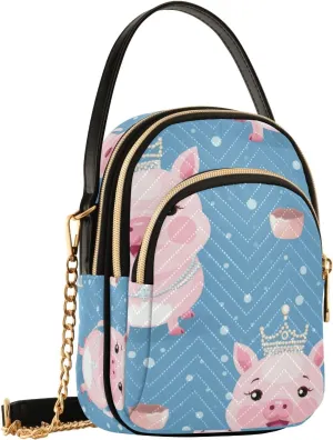 SUABO Crossbody Bag for Women, Pigs with Crown Blue Phone Purse Detachable Chain Bag Shoulder Handbag Wallet