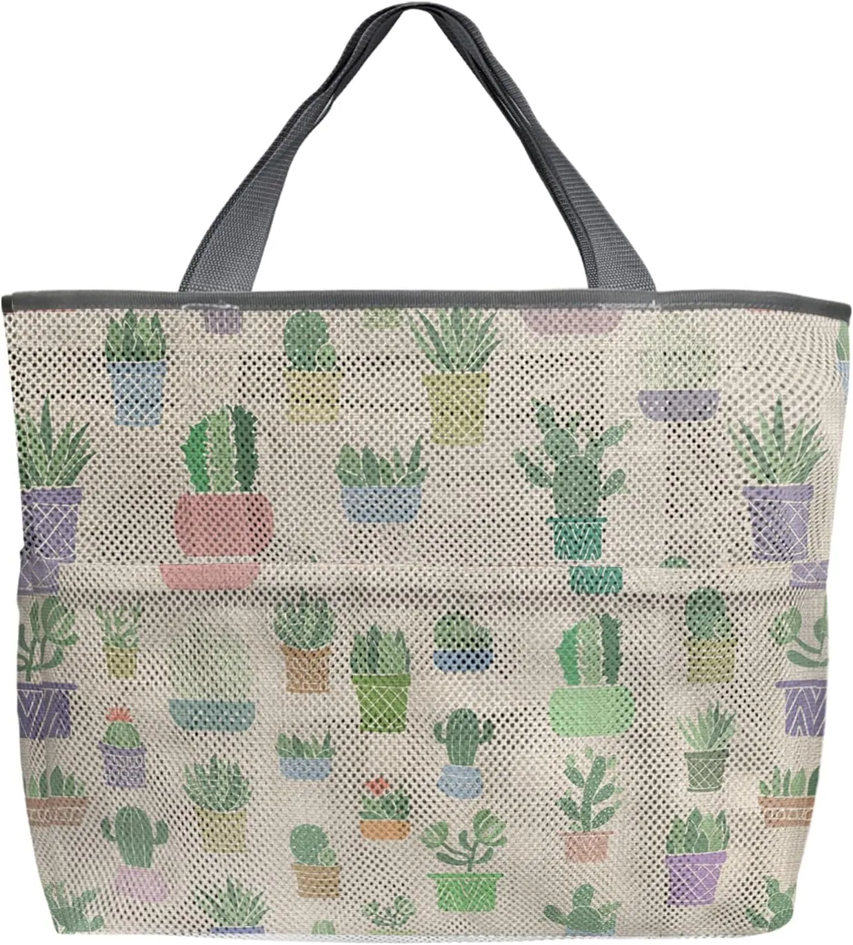 Summer Cactus Beach Tote Bag for Women, Farm Green Succulents Prickly Pear Mesh Beach Bags Waterproof Sandproof, Outdoor Picnic Swim Pool Handbag - Large Beach Bag with Zipper and Pockets