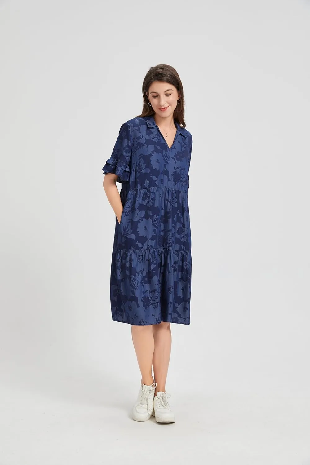 Summer Casual Loose Dress Women Cotton Blend Floral Geometric Print Maxi Dress