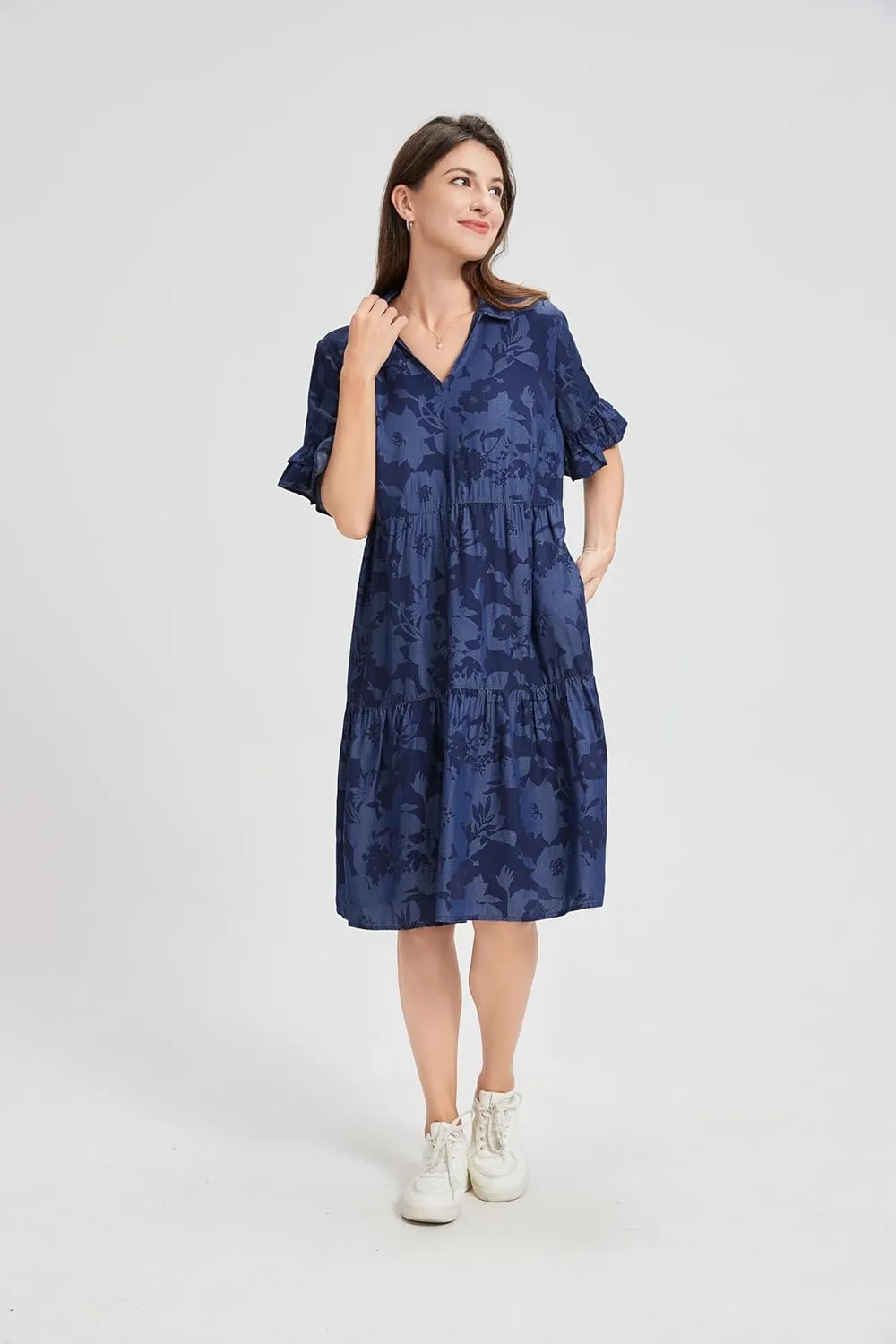 Summer Casual Loose Dress Women Cotton Blend Floral Geometric Print Maxi Dress