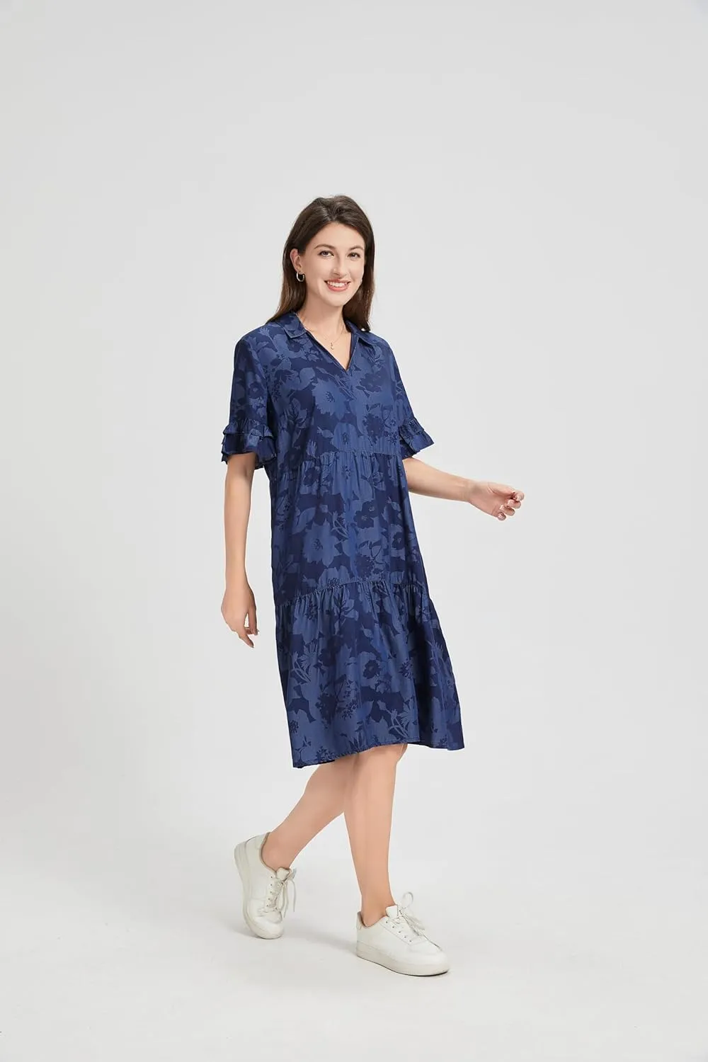 Summer Casual Loose Dress Women Cotton Blend Floral Geometric Print Maxi Dress