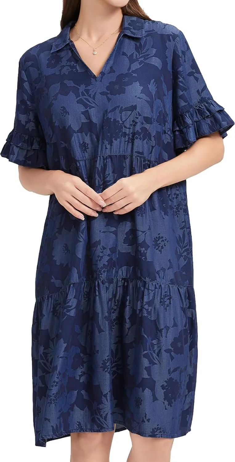 Summer Casual Loose Dress Women Cotton Blend Floral Geometric Print Maxi Dress