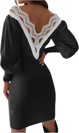 Summer Dresses for Women 2025 V-Neck Long Sleeve Sundresses A-Line Ladies Elegant Lace Crochet Beach Mini Dress