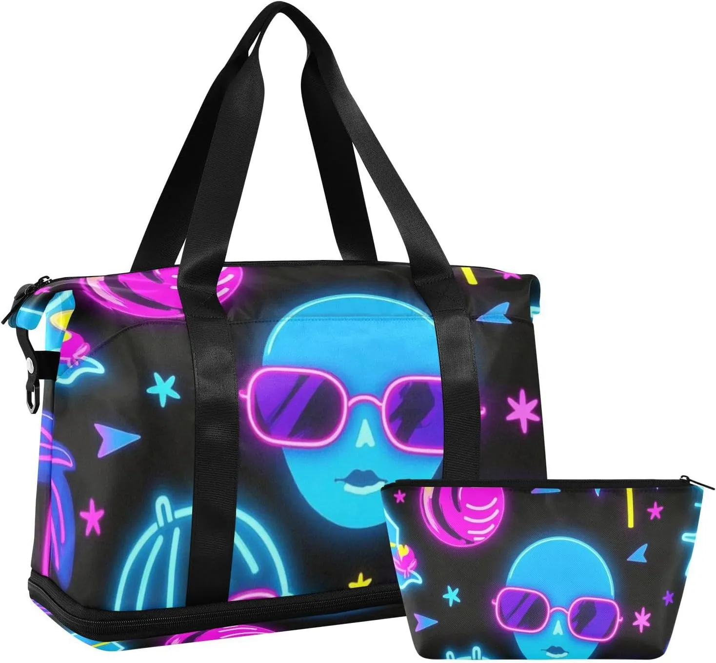 Summer Neon Cool Glasses Coconut Tree Oversized Travel Duffel Bag Carry on Bag with Adjustable Strap for Hiking Multifunctional