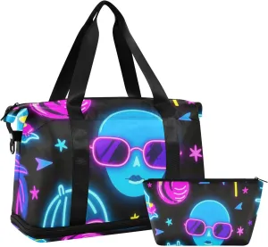 Summer Neon Cool Glasses Coconut Tree Oversized Travel Duffel Bag Carry on Bag with Adjustable Strap for Hiking Multifunctional